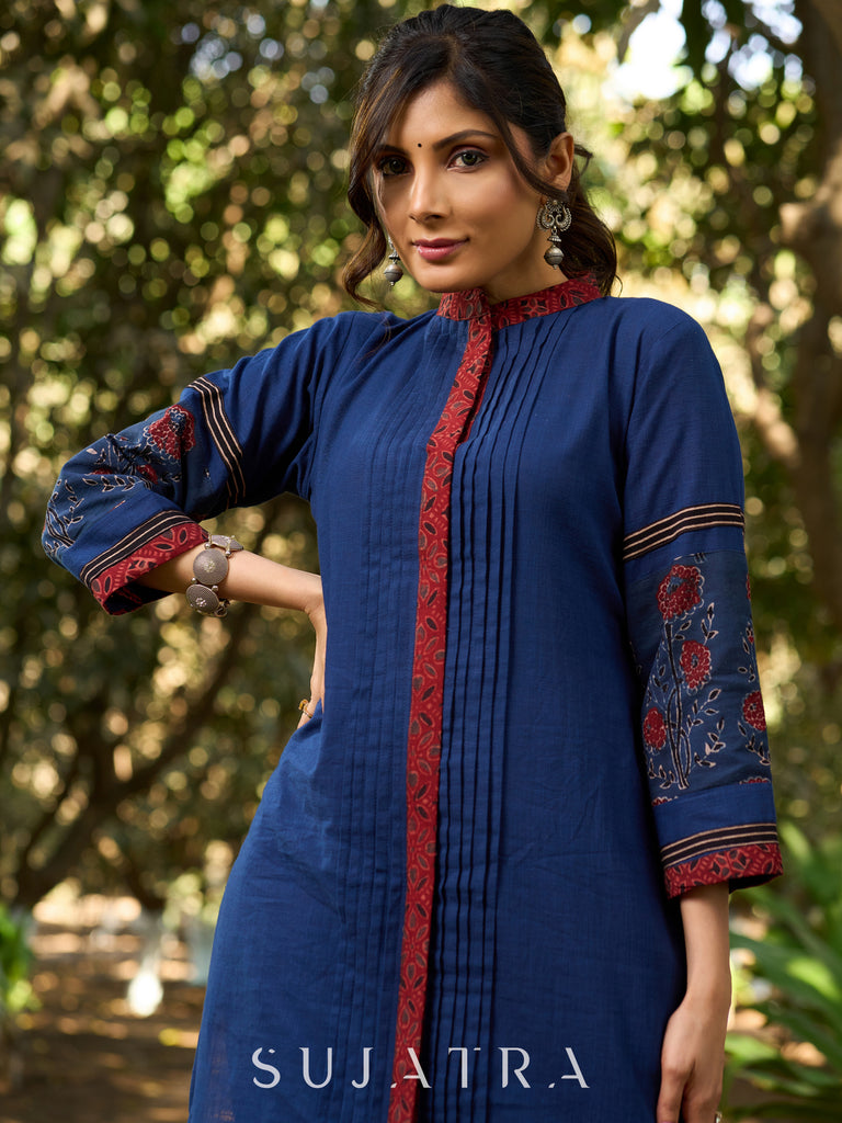 Handcrafted Cotton Kurta with Pin-Tucks, Ajrakh Placket & Floral Sleeves in Indigo elegance