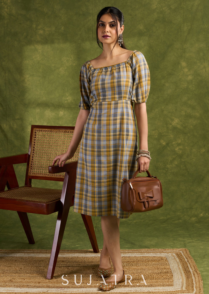 Classic Plaid Design Cotton Dress. Retro Vibes With An Off-Shoulder Design