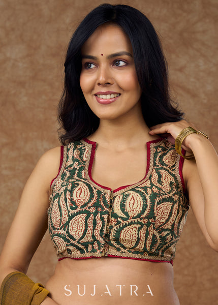 Cotton Ajrakh block-printed blouse with intricate leaf motifs and contrast detailing