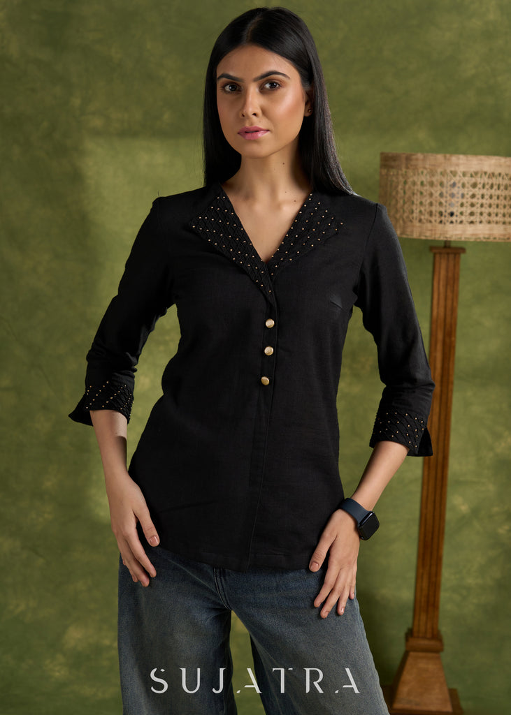 Black Cotton Silk Top With Hand Embellished Reverse Collar