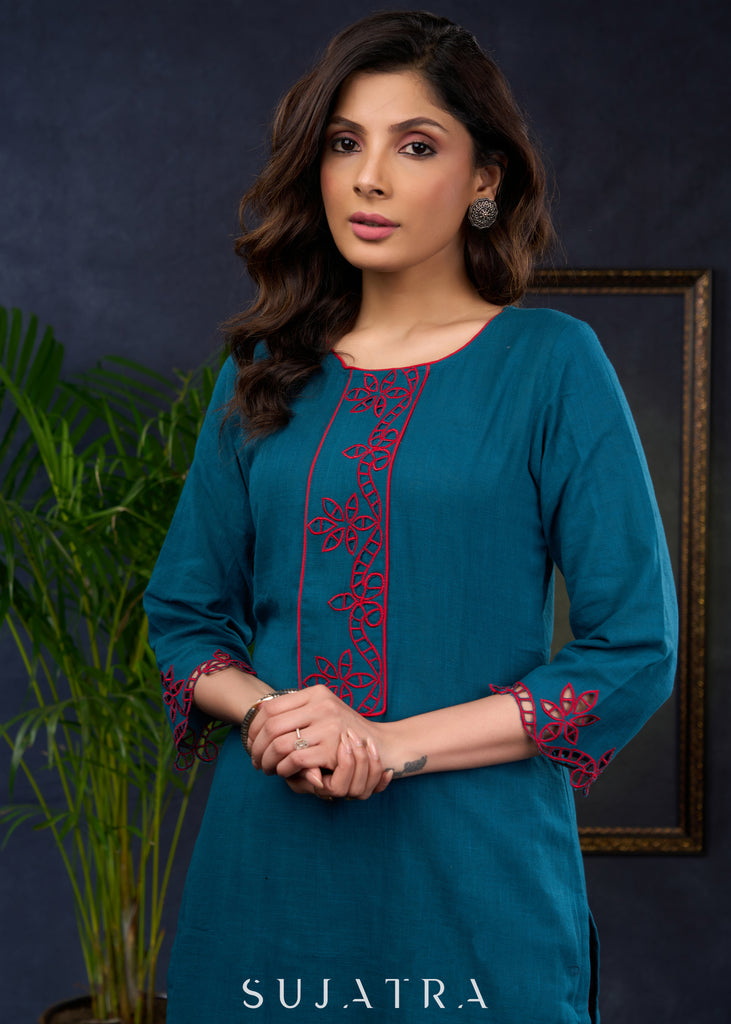 Teal Trendy Tunic With Intricate Cut Work - Pant Optional