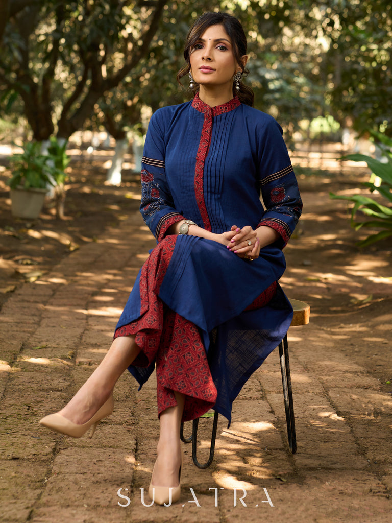 Handcrafted Cotton Kurta with Pin-Tucks, Ajrakh Placket & Floral Embroidered Sleeves in Indigo elegance