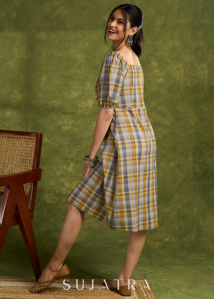 Classic Plaid Design Cotton Dress. Retro Vibes With An Off-Shoulder Design