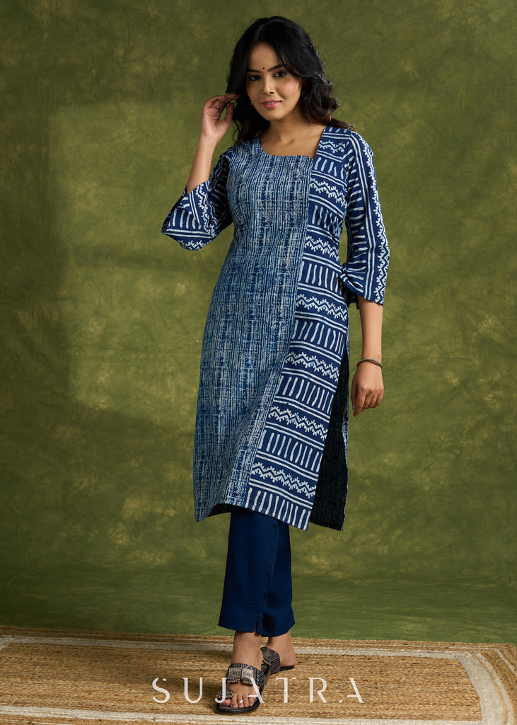 Stylish Indigo Cotton Asymmetric Neck Kurta - Pant Optional