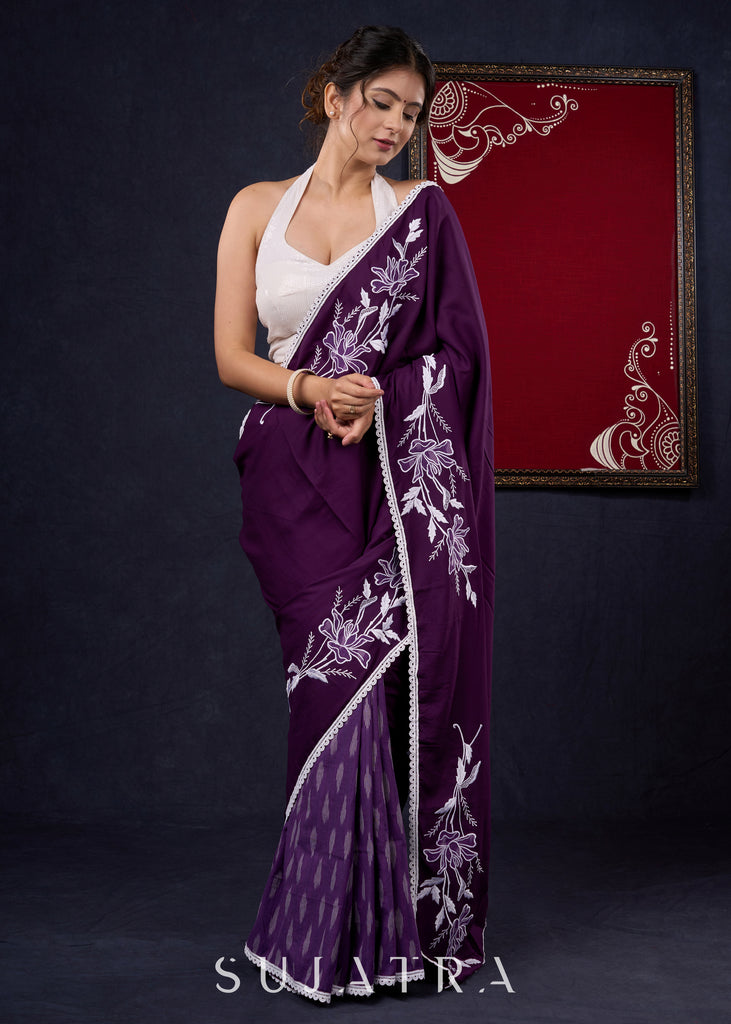 Exclusive Purple Rayon & Ikat Combination saree with Ornate embroidery & Lace border