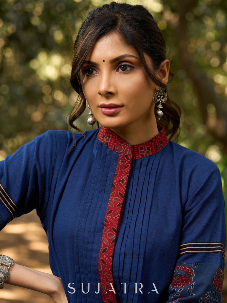 Handcrafted Cotton Kurta with Pin-Tucks, Ajrakh Placket & Floral Embroidered Sleeves in Indigo elegance