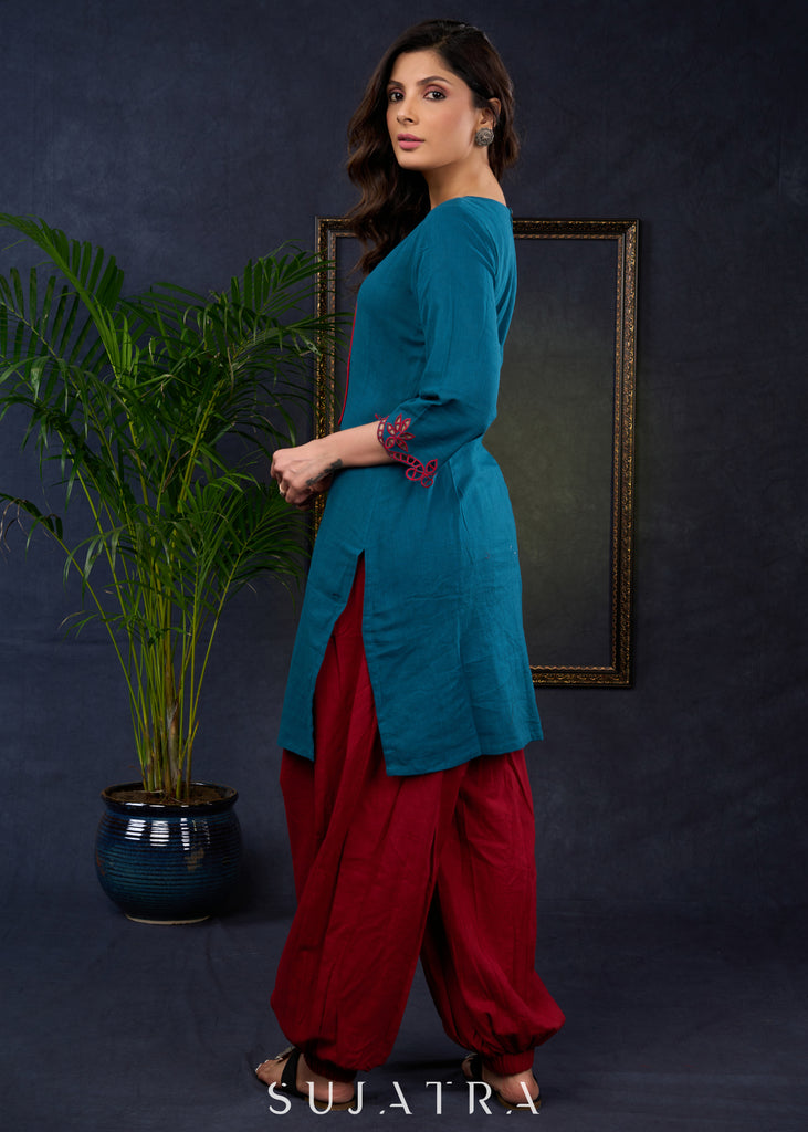 Teal Trendy Tunic With Intricate Cut Work - Pant Optional