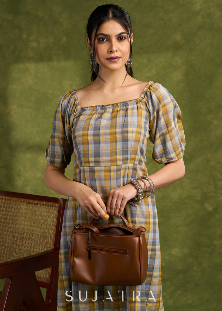 Classic Plaid Design Cotton Dress. Retro Vibes With An Off-Shoulder Design