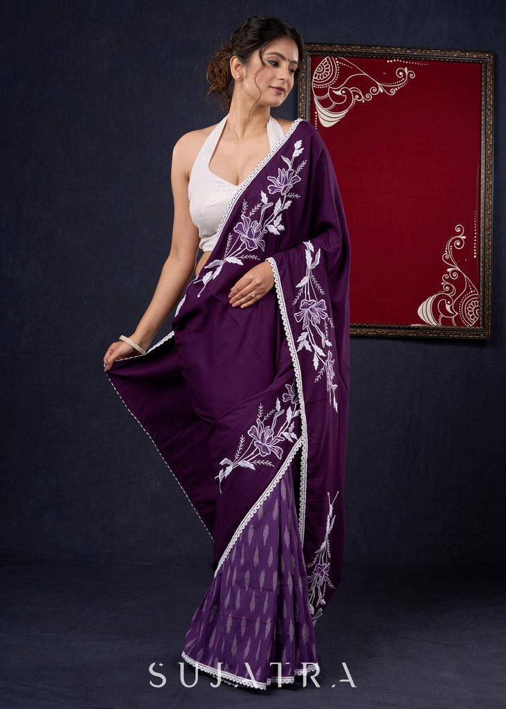 Exclusive Purple Rayon & Ikat Combination saree with Ornate embroidery & Lace border