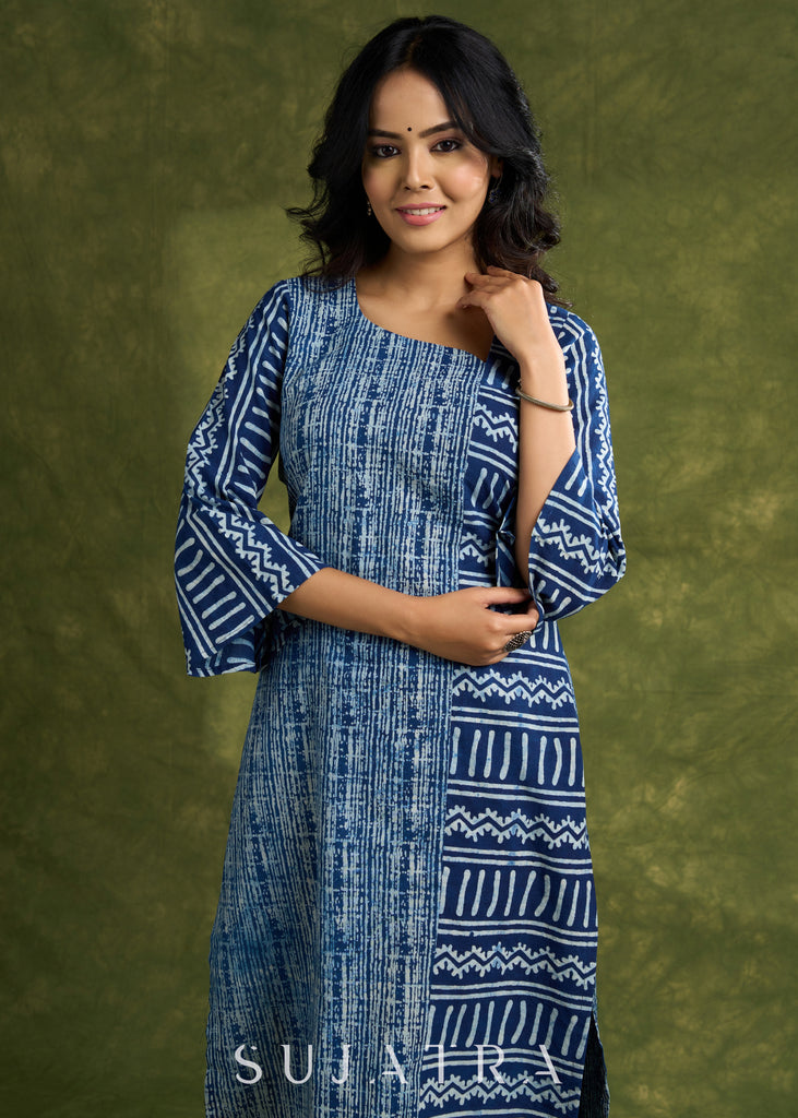 Stylish Indigo Cotton Asymmetric Neck Kurta - Pant Optional