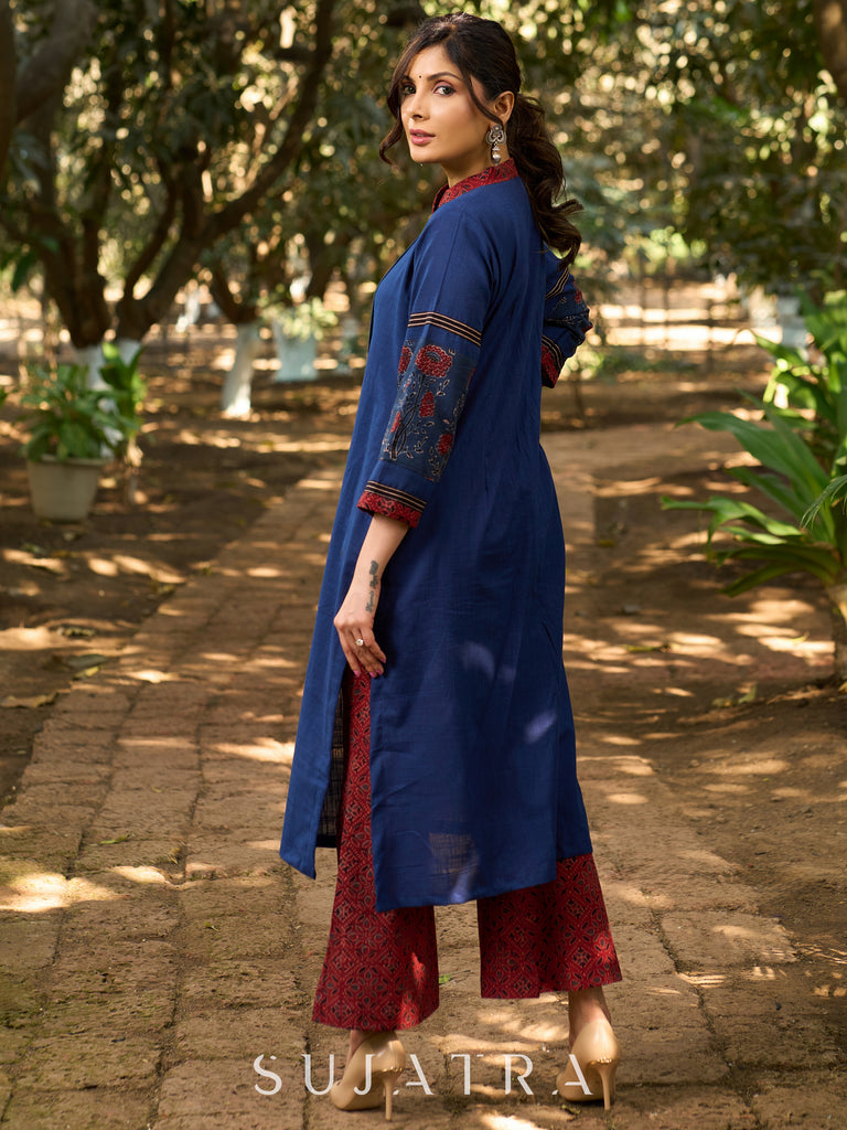 Handcrafted Cotton Kurta with Pin-Tucks, Ajrakh Placket & Floral Embroidered Sleeves in Indigo elegance