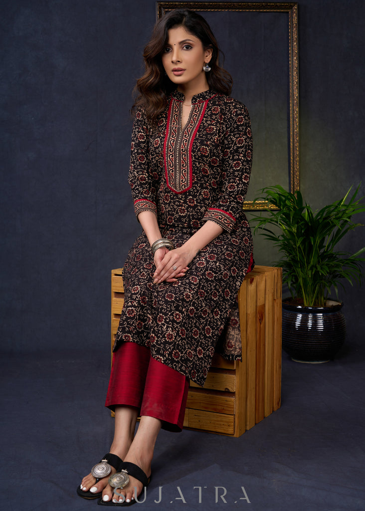 Trendy-Floral-Black-Cotton-Ajrakh-Straight-Cut-Combination-Kurta--Pant-Optional