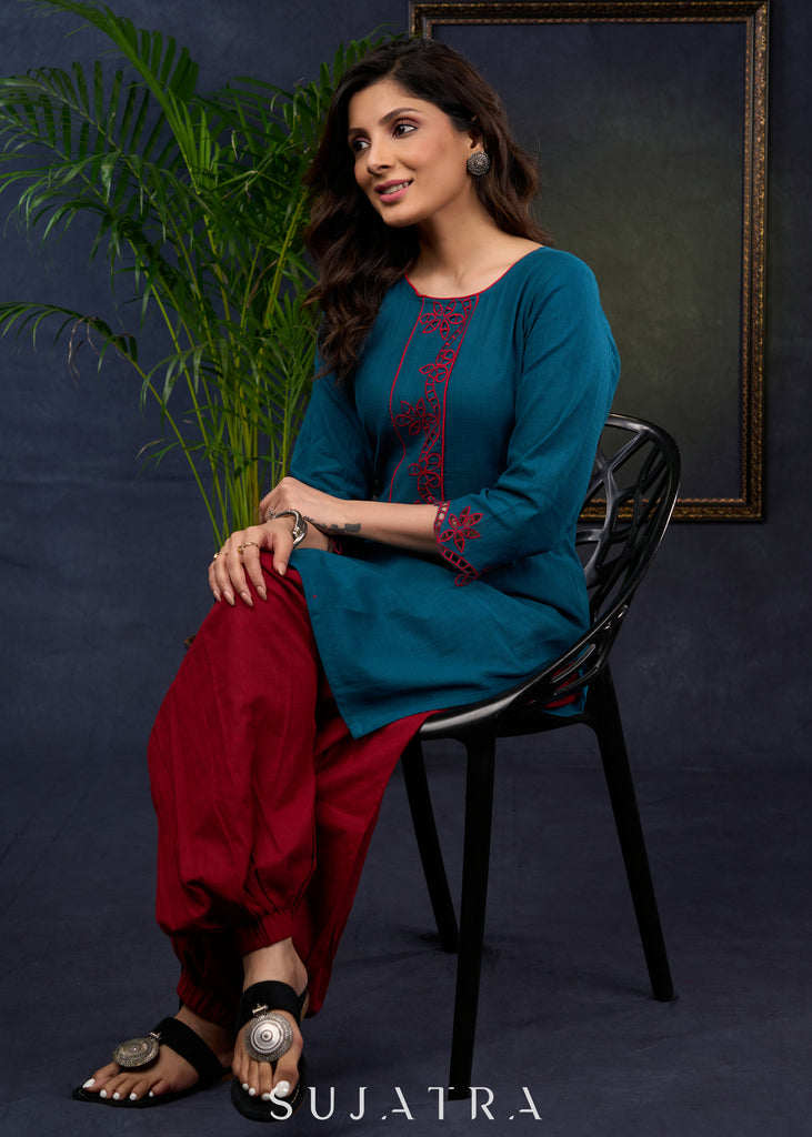 Teal Trendy Tunic With Intricate Cut Work - Pant Optional