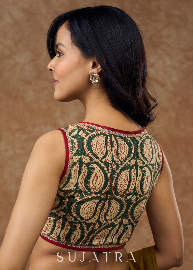 Cotton Ajrakh block-printed blouse with intricate leaf motifs and contrast detailing