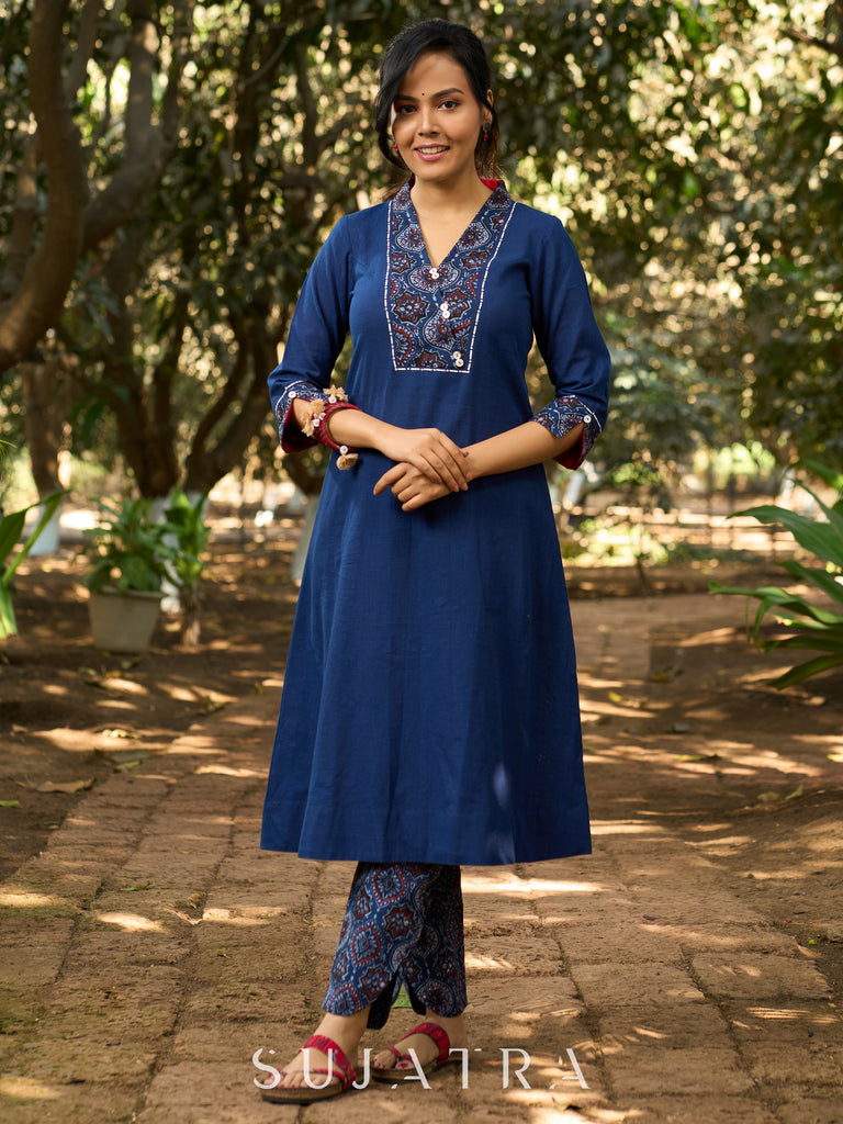 Indigo Poise Kurta with Ajrakh Accents, Contrast Interfacing  and Kantha Detailing