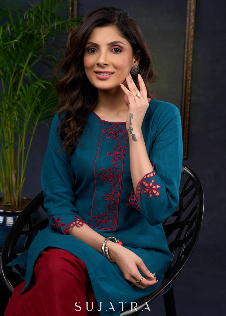 Teal Trendy Tunic With Intricate Cut Work - Pant Optional