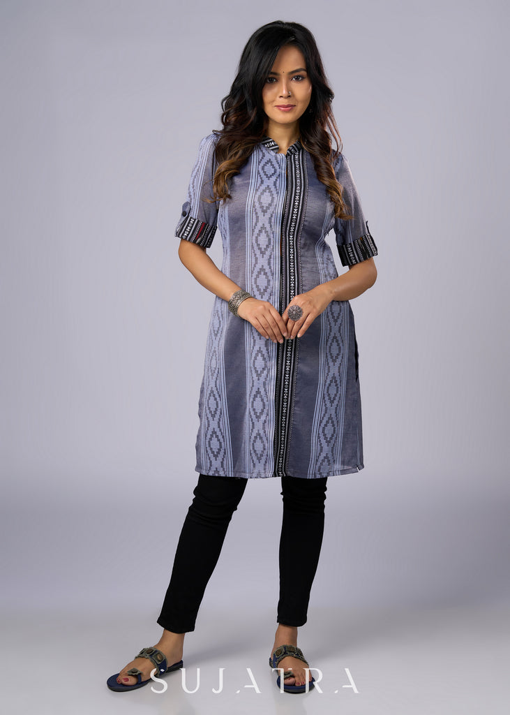 Elegant Grey Cotton Tunic with Ikat Details