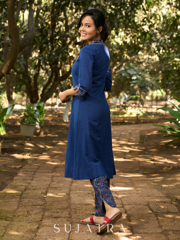 Indigo Poise Kurta with Ajrakh Accents, Contrast Interfacing  and Kantha Detailing