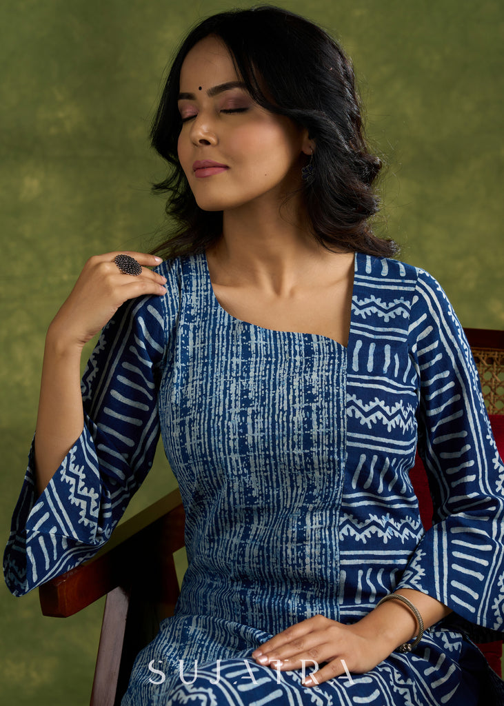 Stylish Indigo Cotton Asymmetric Neck Kurta - Pant Optional