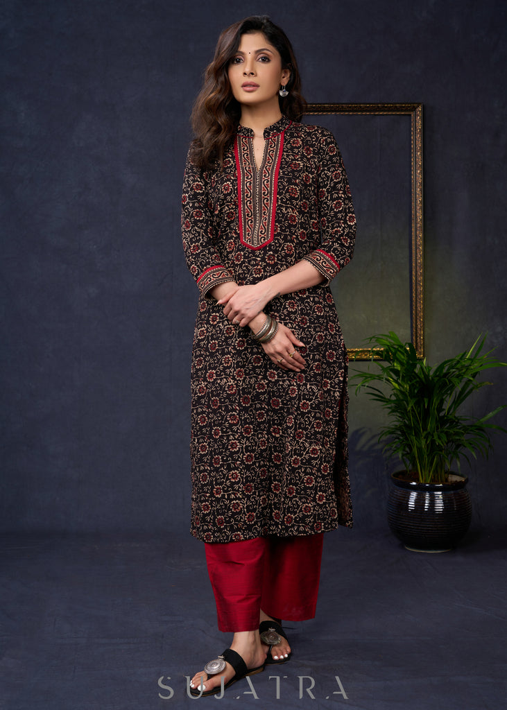 Trendy-Floral-Black-Cotton-Ajrakh-Straight-Cut-Combination-Kurta--Pant-Optional