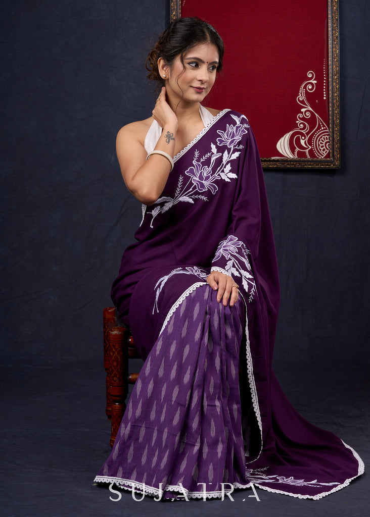 Exclusive Purple Rayon & Ikat Combination saree with Ornate embroidery & Lace border