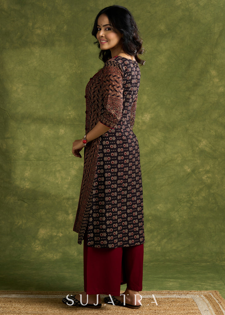 Chic Cotton Ajrakh Kurta With Black Asymmetric Neck - Pant Optional