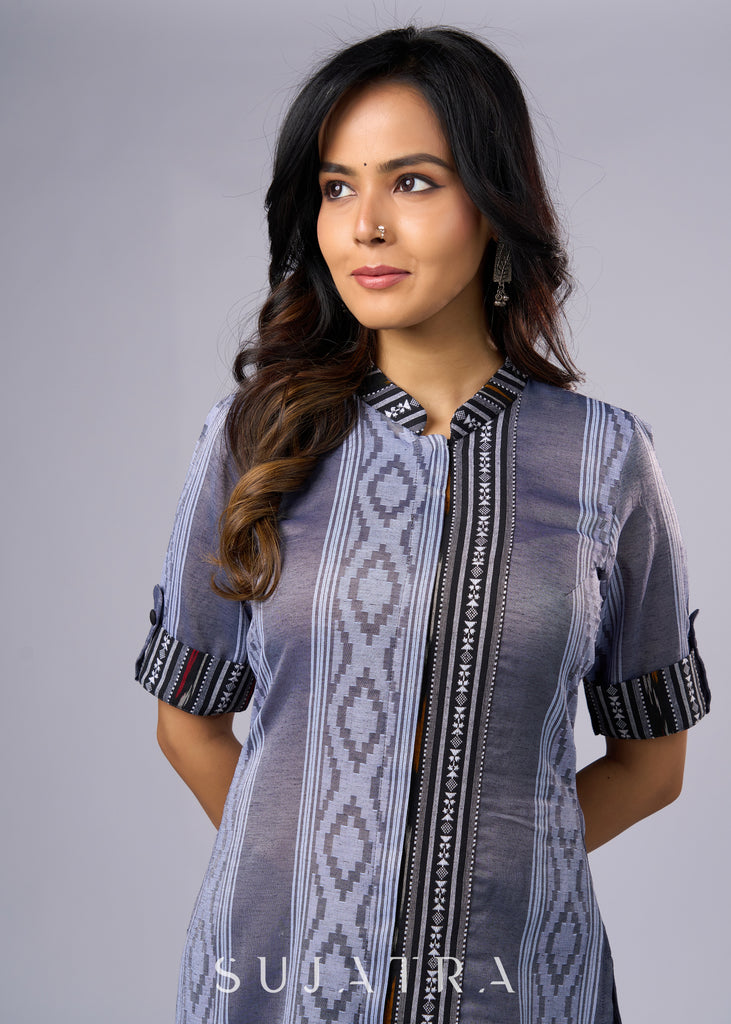 Elegant Grey Cotton Tunic with Ikat Details