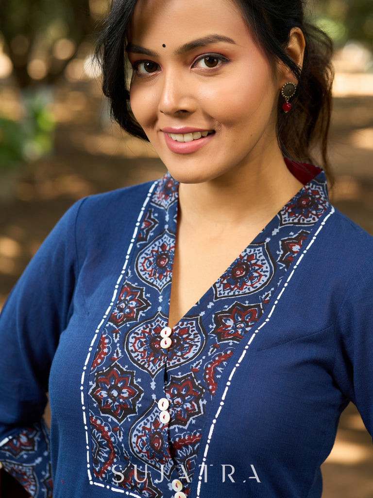 Indigo Poise Kurta with Ajrakh Accents, Contrast Interfacing  and Kantha Detailing