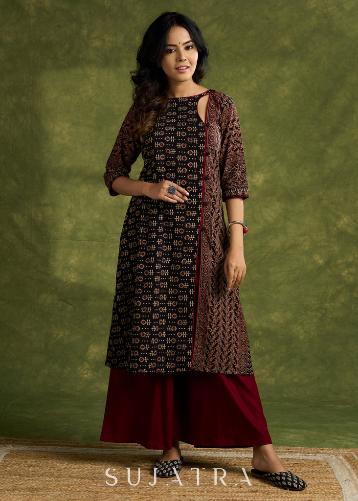 Chic Cotton Ajrakh Kurta With Black Asymmetric Neck - Pant Optional