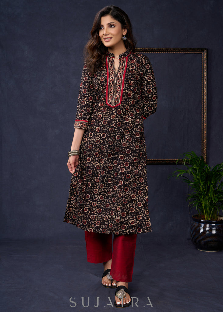 Trendy-Floral-Black-Cotton-Ajrakh-Straight-Cut-Combination-Kurta--Pant-Optional