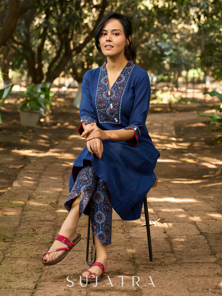 Indigo Poise Kurta with Ajrakh Accents, Contrast Interfacing  and Kantha Detailing