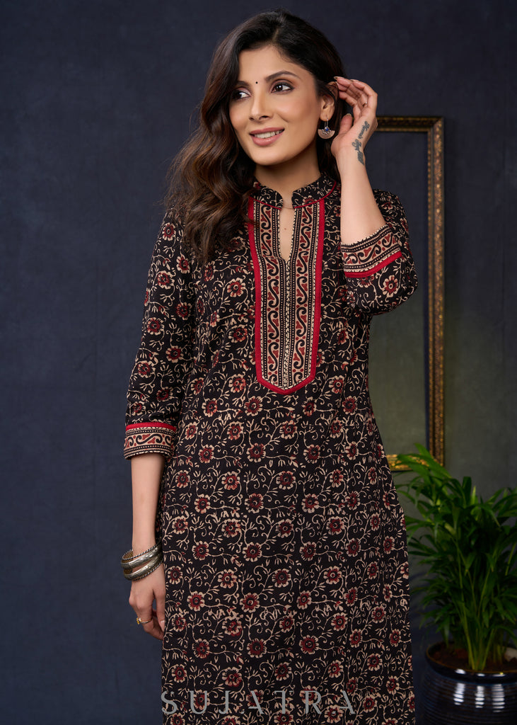 Trendy-Floral-Black-Cotton-Ajrakh-Straight-Cut-Combination-Kurta--Pant-Optional