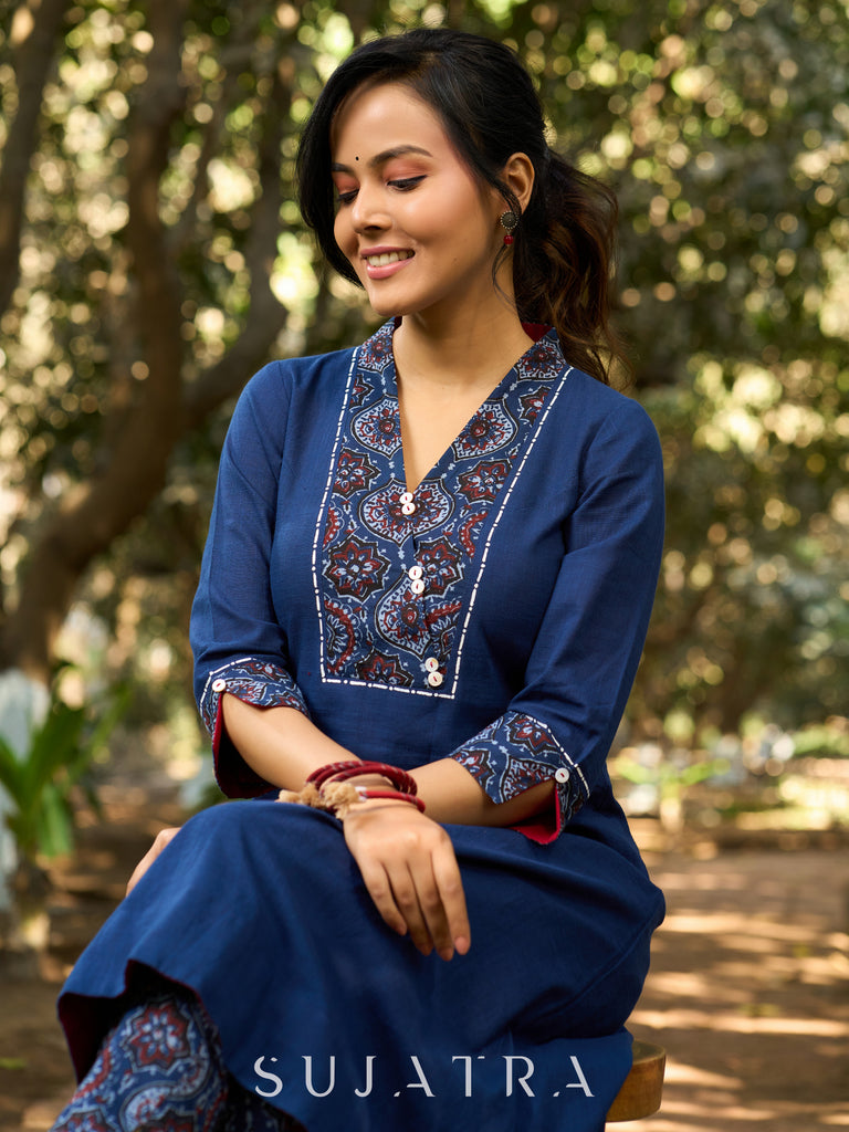 Indigo Poise Kurta with Ajrakh Accents, Contrast Interfacing  and Kantha Detailing