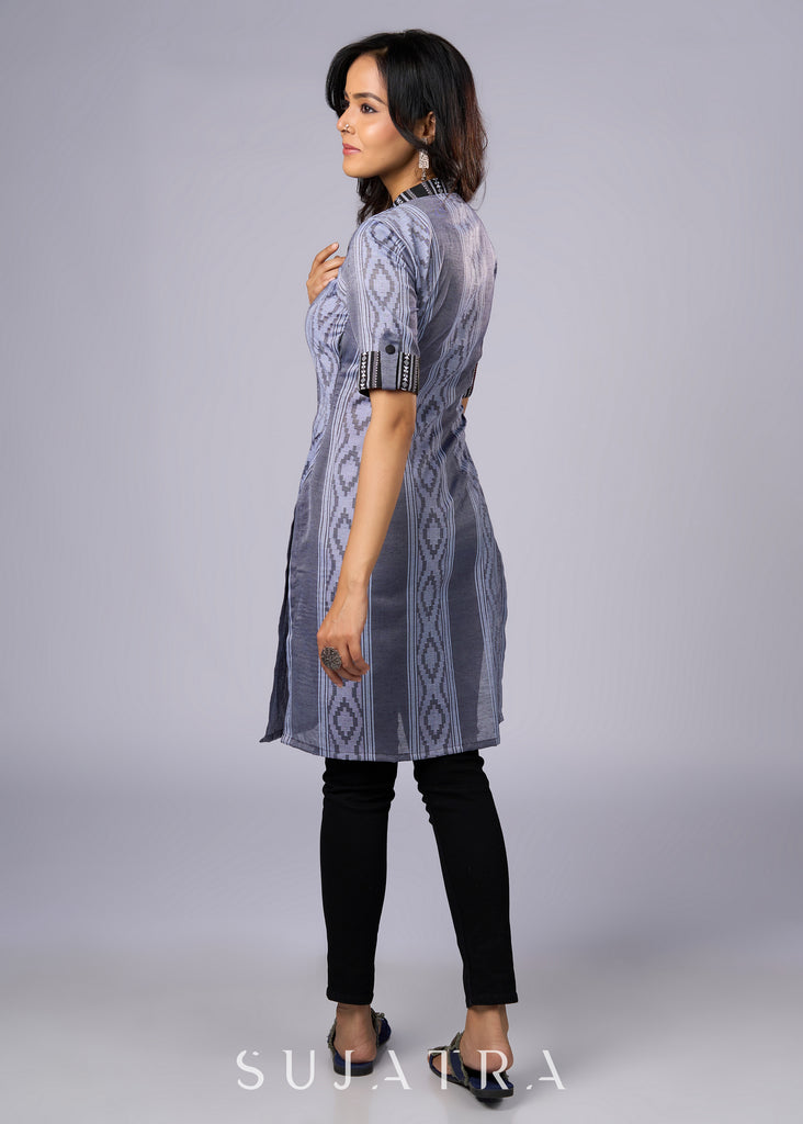 Elegant Grey Cotton Tunic with Ikat Details