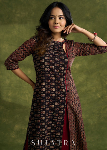 Chic Cotton Ajrakh Kurta With Black Asymmetric Neck - Pant Optional