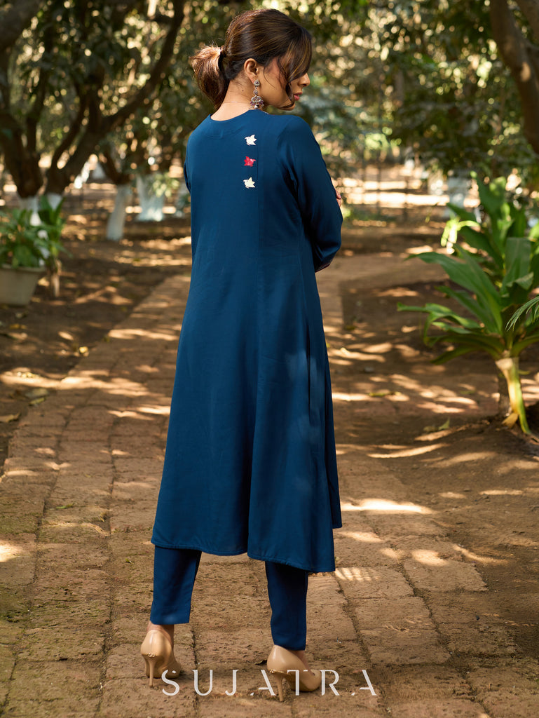 Indigo Grace Flared Kurta with Hand-Painted Birds on Front and Back & Contrast Kantha Stitches