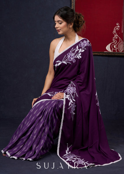 Exclusive Purple Rayon & Ikat Combination saree with Ornate embroidery & Lace border