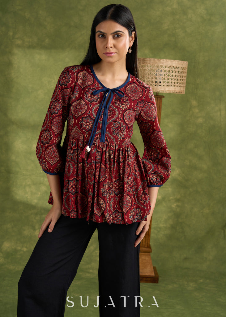 Maroon Cotton Hand Blocked Ajrakh Top