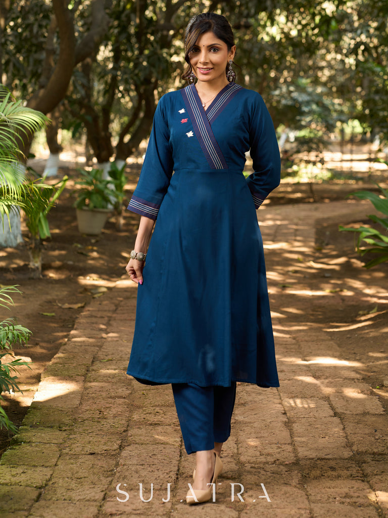 Indigo Grace Flared Kurta with Hand-Painted Birds on Front and Back & Contrast Kantha Stitches