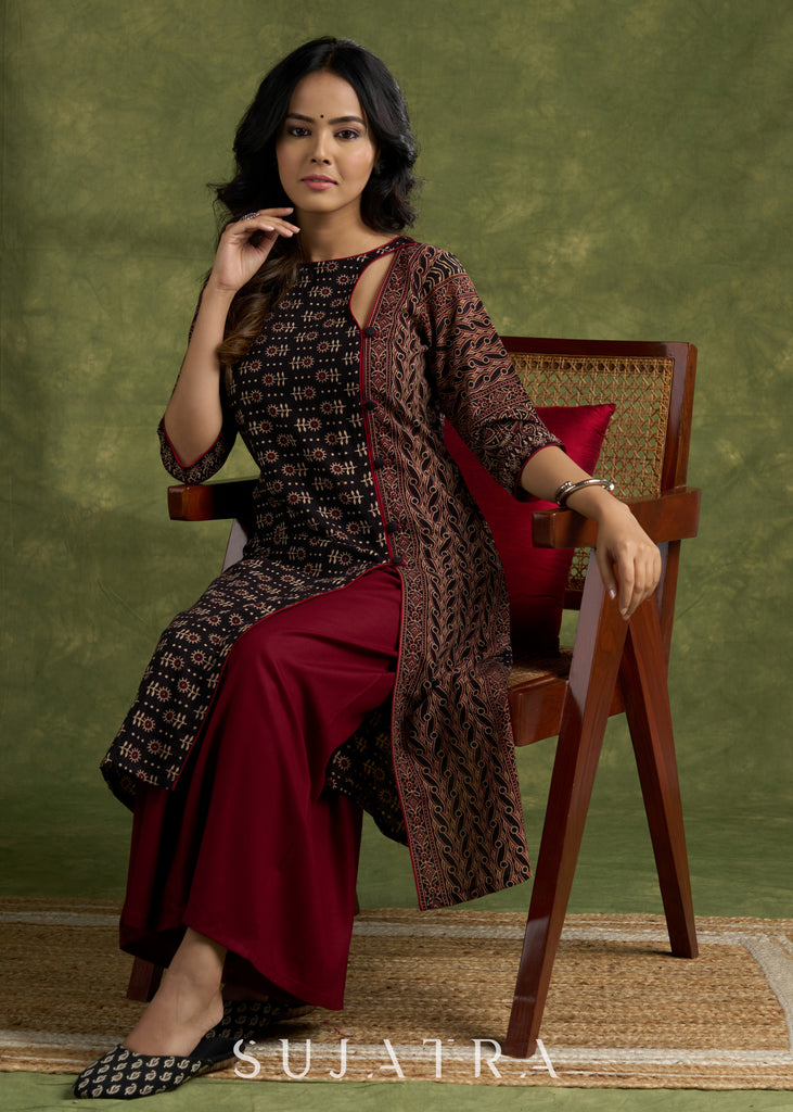 Chic Cotton Ajrakh Kurta With Black Asymmetric Neck - Pant Optional