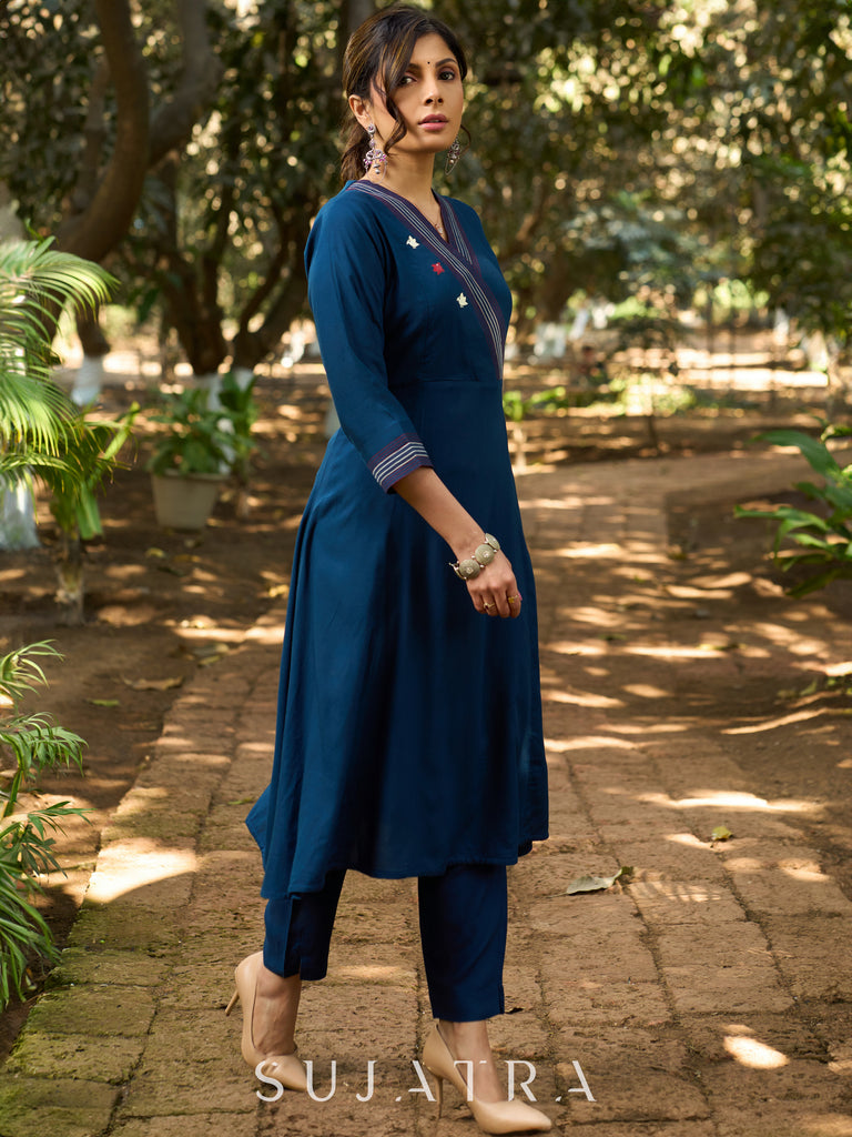 Indigo Grace Flared Kurta with Hand-Painted Birds on Front and Back & Contrast Kantha Stitches