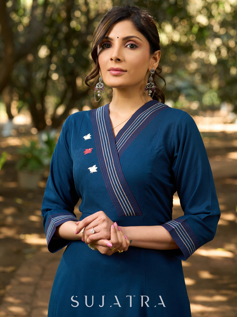 Indigo Grace Flared Kurta with Hand-Painted Birds on Front and Back & Contrast Kantha Stitches