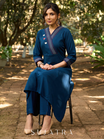 Indigo Grace Flared Kurta with Hand-Painted Birds on Front and Back & Contrast Kantha Stitches