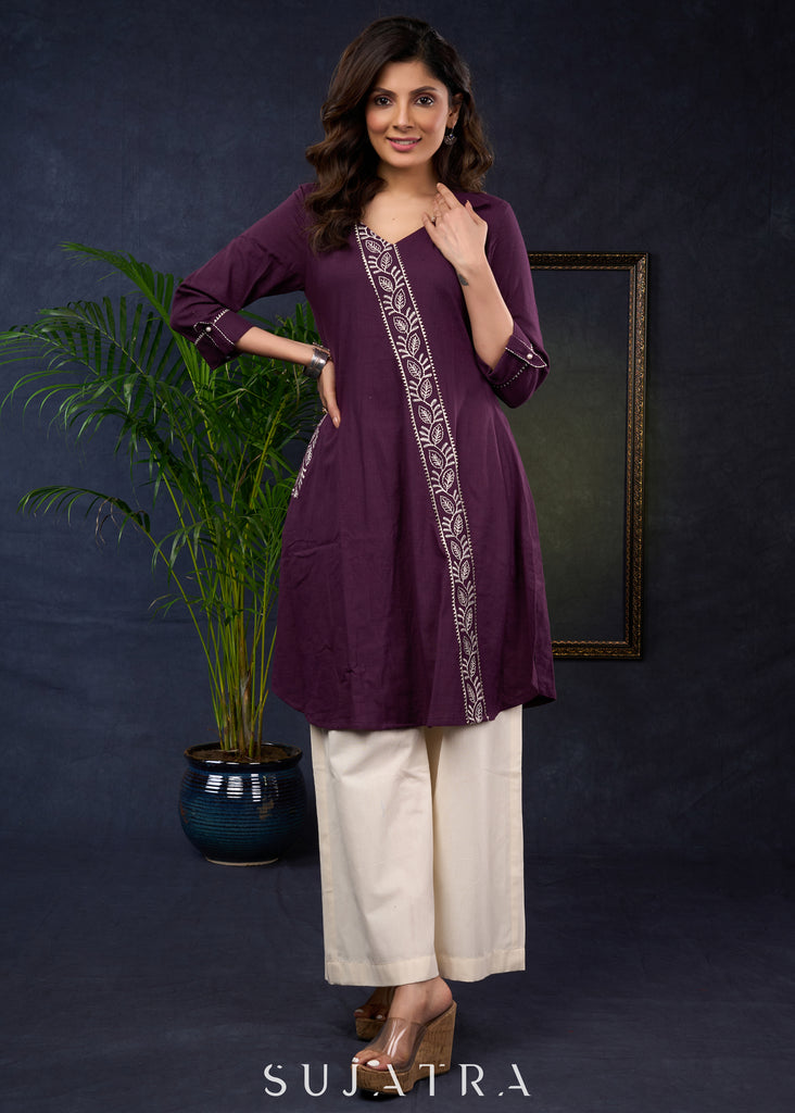 Stylish Asymmetrical Purple Cotton Tunic With Intricate Embroidery -Pant Optional