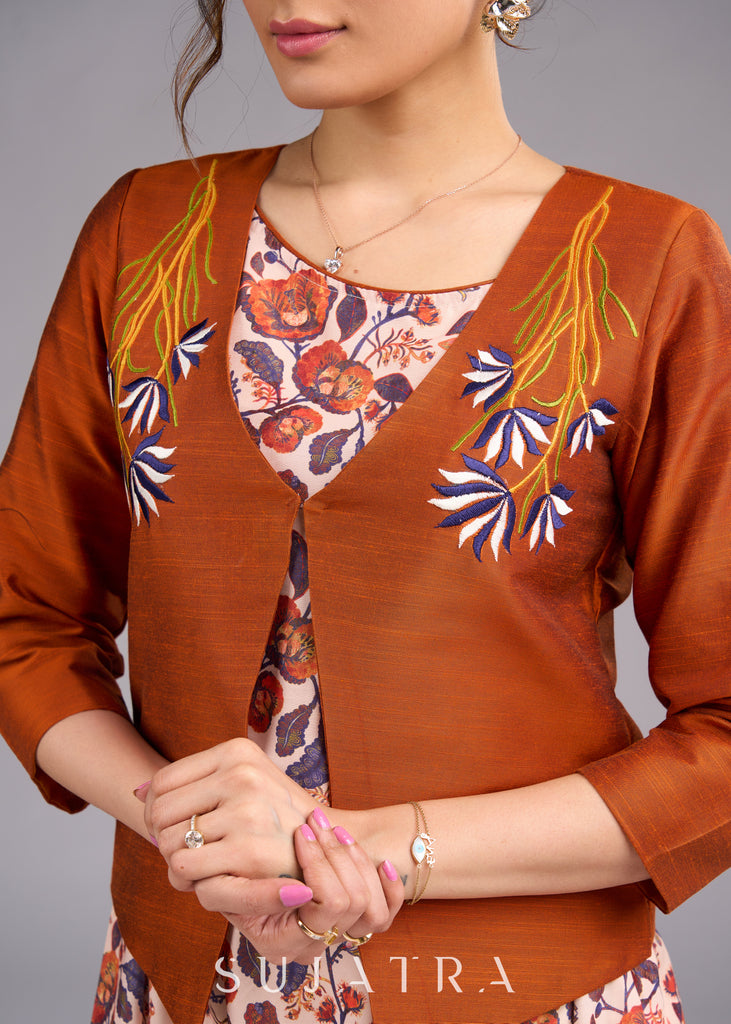 Rustic Radiance Embroidered Orange Cotton Silk Jacket