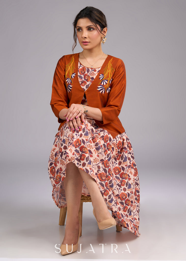 Rustic Radiance Embroidered Orange Cotton Silk Jacket