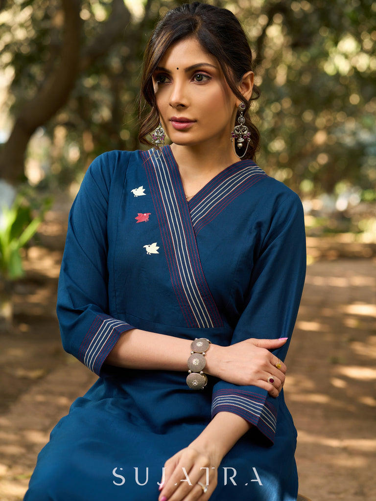 Indigo Grace Flared Kurta with Hand-Painted Birds on Front and Back & Contrast Kantha Stitches