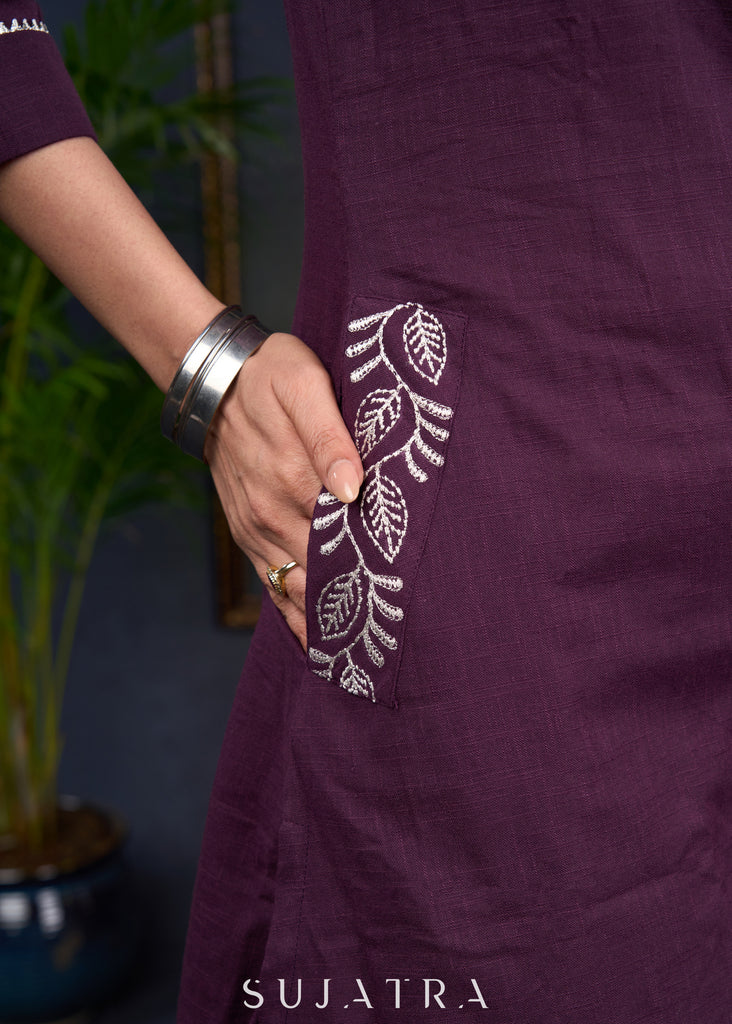 Stylish Asymmetrical Purple Cotton Tunic With Intricate Embroidery -Pant Optional