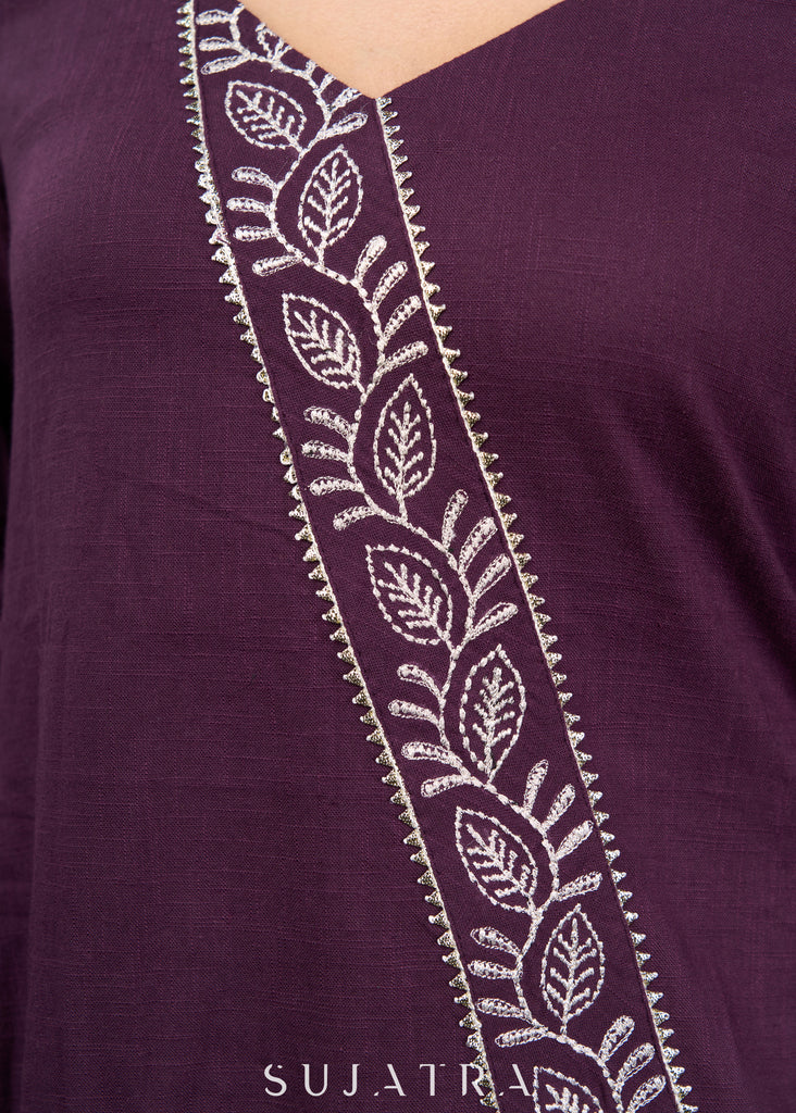 Stylish Asymmetrical Purple Cotton Tunic With Intricate Embroidery -Pant Optional