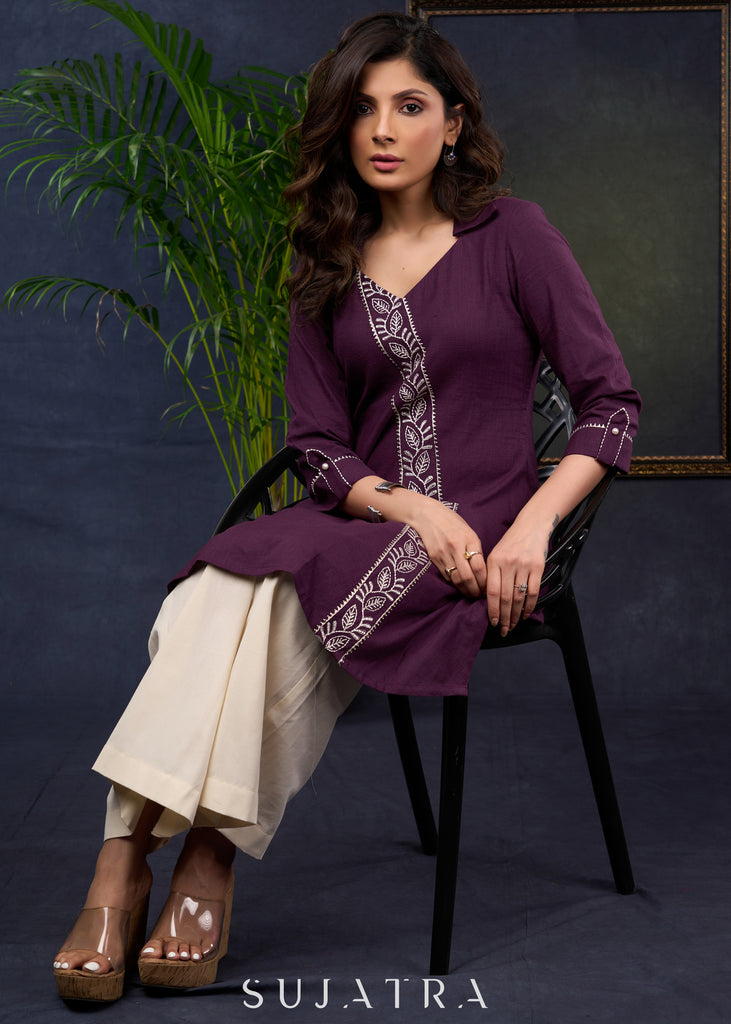 Stylish Asymmetrical Purple Cotton Tunic With Intricate Embroidery -Pant Optional